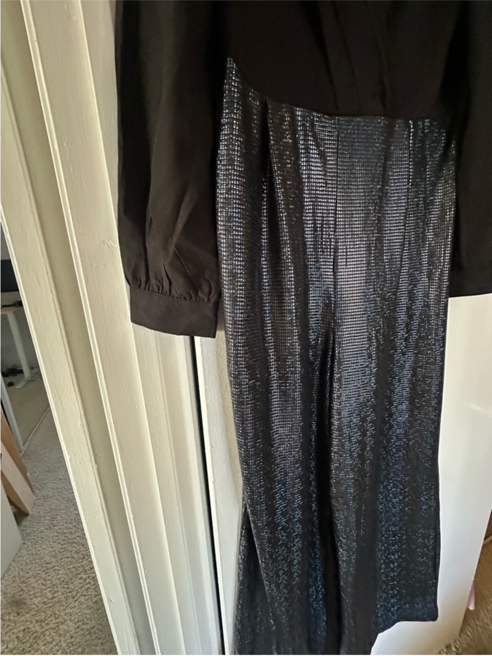 Black Metallic Wide Leg Jumpsuit Wrap V Neck Long Sleeve -  Size M - Picture 3 of 7